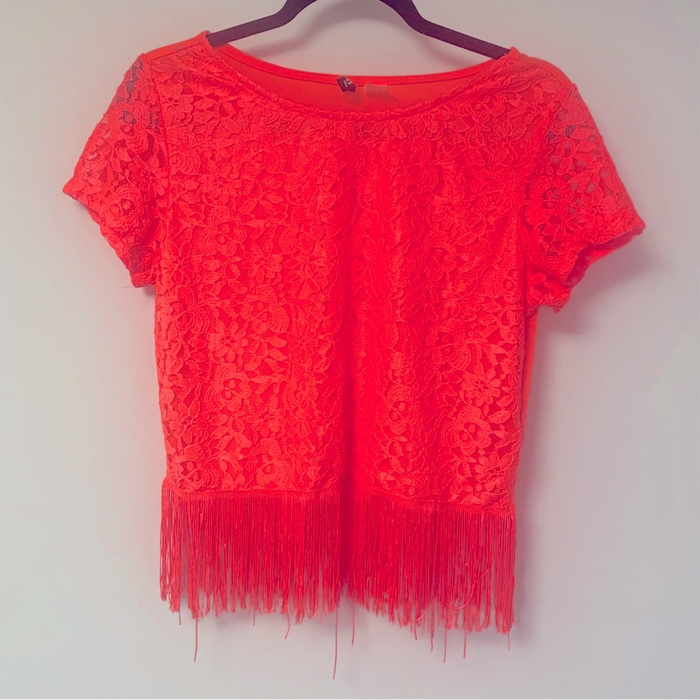 H&M Divided Neon Pink-Orangish Fringe Lace Crop Top Womens Size Medium
